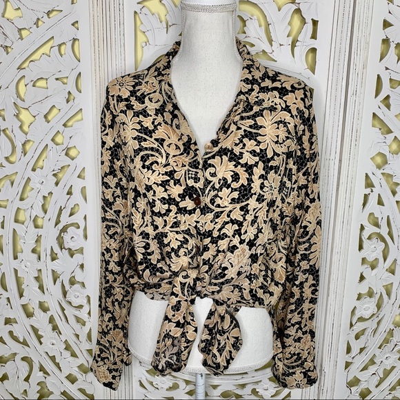 Vintage Floral Black & Tan Button Down Tunic - Picture 1 of 9
